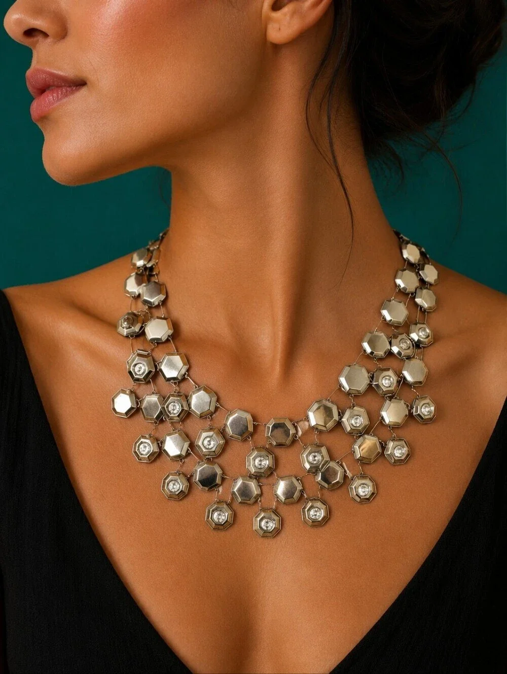 Vtg Metal Silvertone Octagon Honeycomb Layered Grunge Cascade Bib Necklace